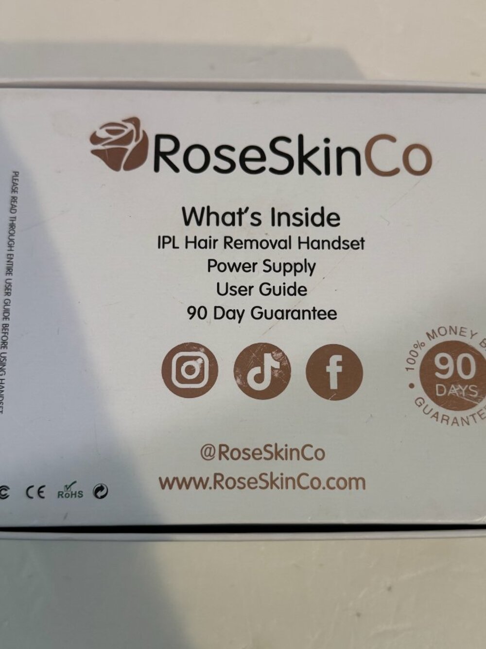 Rose Skin Co IPL Hair Removal Handset & Adapter TESTED WORKS w/ User Guide & Box